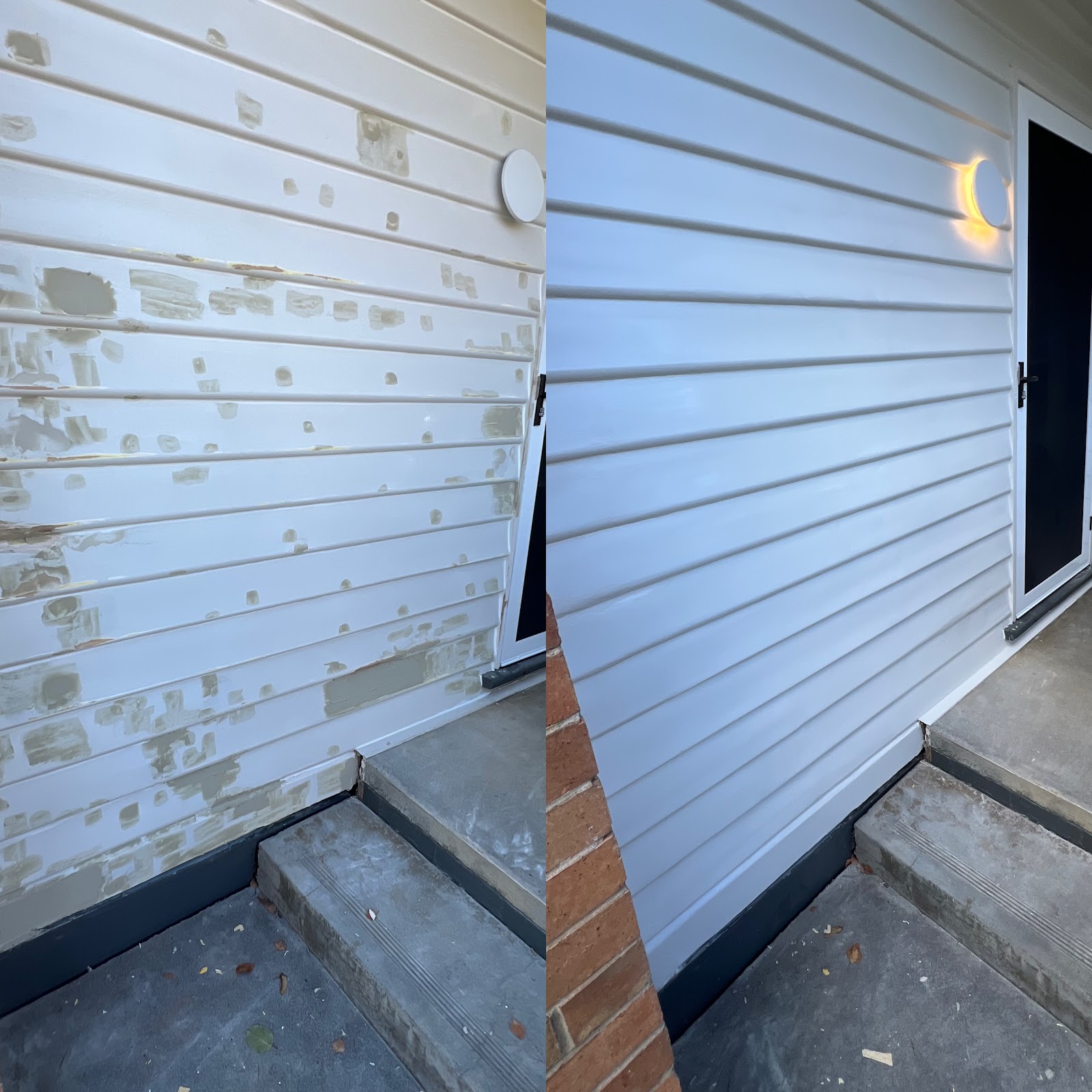 Before and after: patched, sanded weatherboards on the left, the same wall finished smooth white on the right